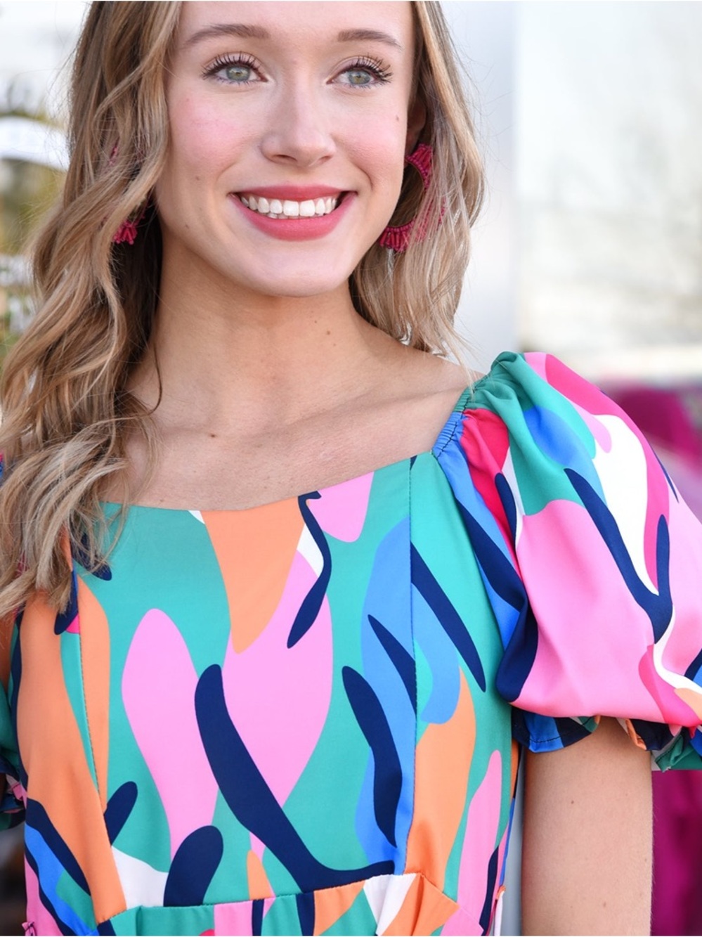 Sunday Up Multicolor Abstract Midi Dress Size Large Puff Sleeve Summer Tea Dress - Picture 13 of 15